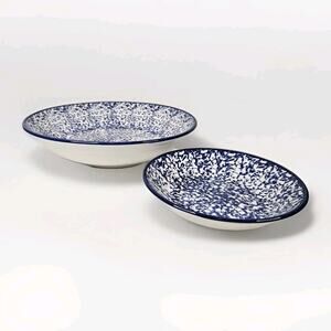 Vtg Crate & Barrel Blue White Splatter Serving Bowl Set Made in Italy 13" & 8"